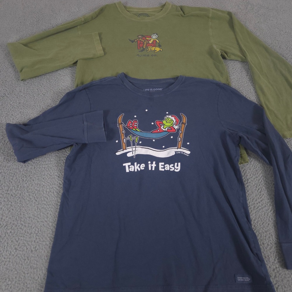 LOT OF 2 Life is Good Shirt Mens L Blue Green Crusher Grinch Football Cotton
